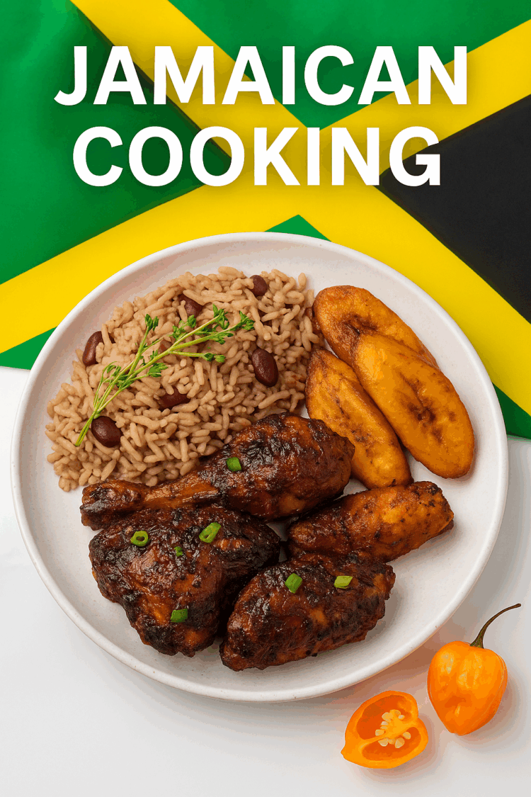 Jamaican flag and plate of Jamaican Food next to scotch bonnet peppers