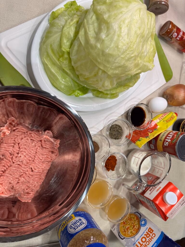 Layout of ingredients for stuffed cabbage rolls including a head of cabbage raw round beef and various herbs and spices