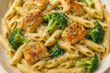 a plate of penne pasta with chinks of chicken breast and broccoli florets in a garlic parmesan sauce for dinner ideas