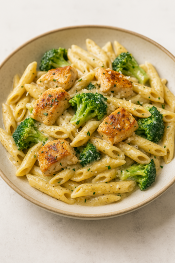 a plate of penne pasta with chinks of chicken breast and broccoli florets in a garlic parmesan sauce for dinner ideas
