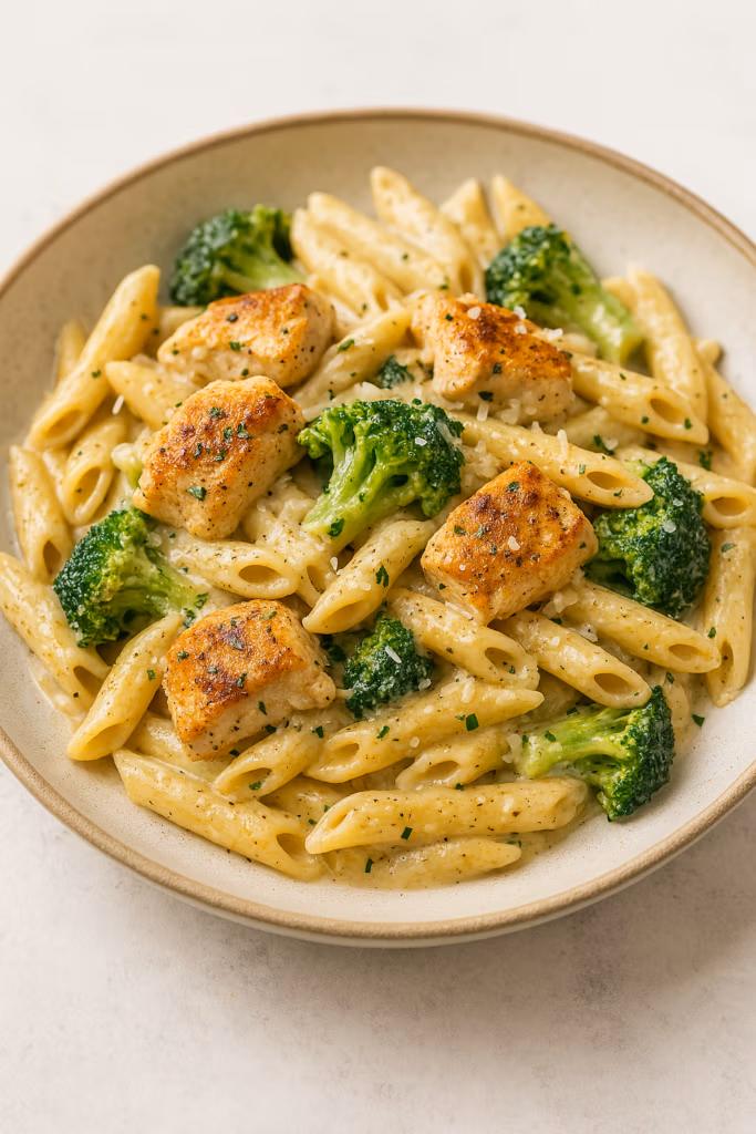 a plate of penne pasta with chinks of chicken breast and broccoli florets in a garlic parmesan sauce for dinner ideas