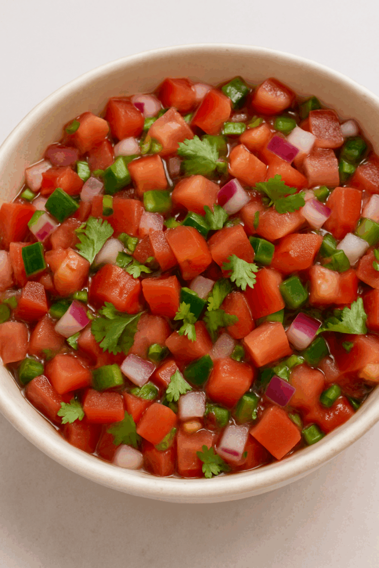 a bowl of fresh tomatoes onion and peppers called pico de gallo