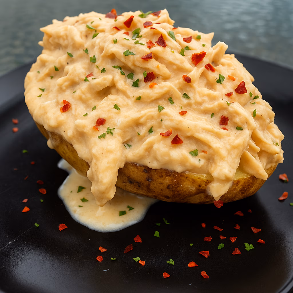 A Baked ghee rubbed baked potato topped with creamy slow cooker crack chicken