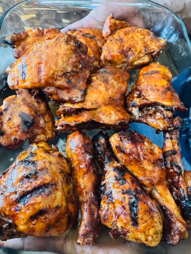 Grilled Chicken with Grill marks and brushed with a beer glaze bbq sauce