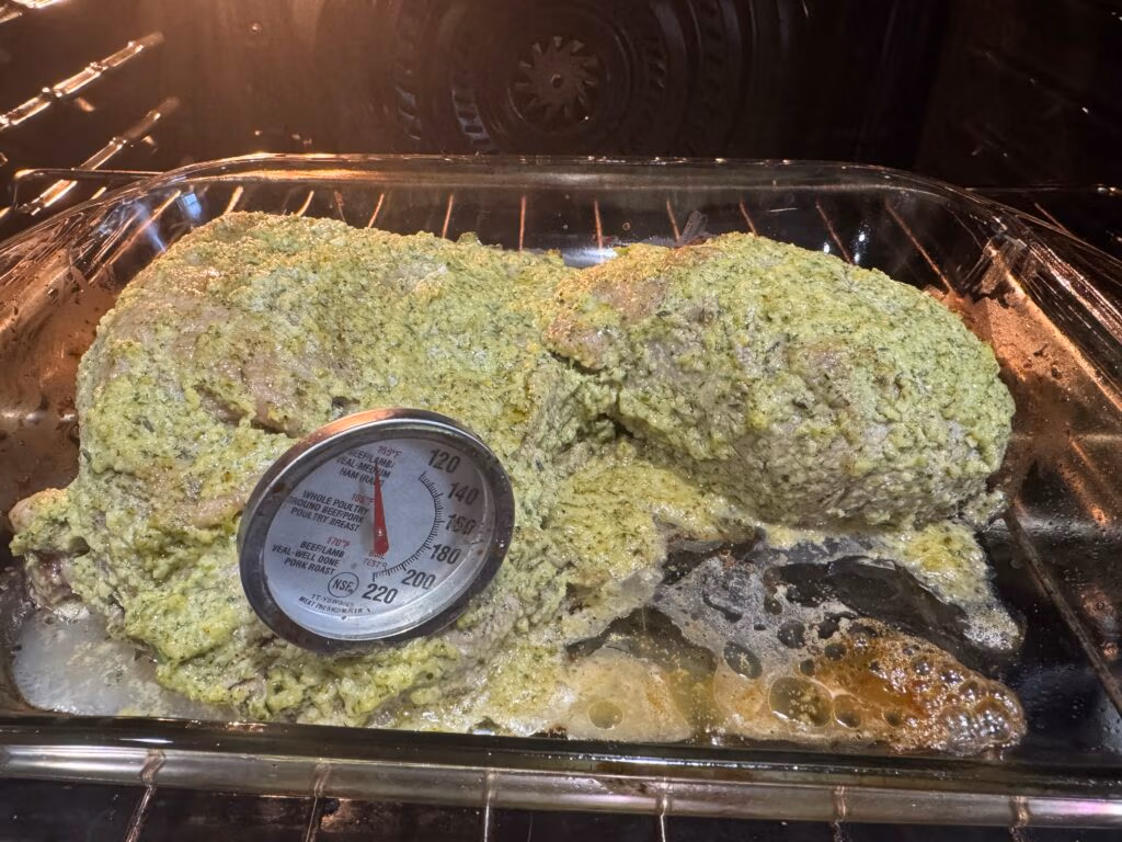 boneless lef of lamb with herb and citrus marinade in oven with meat thermometer