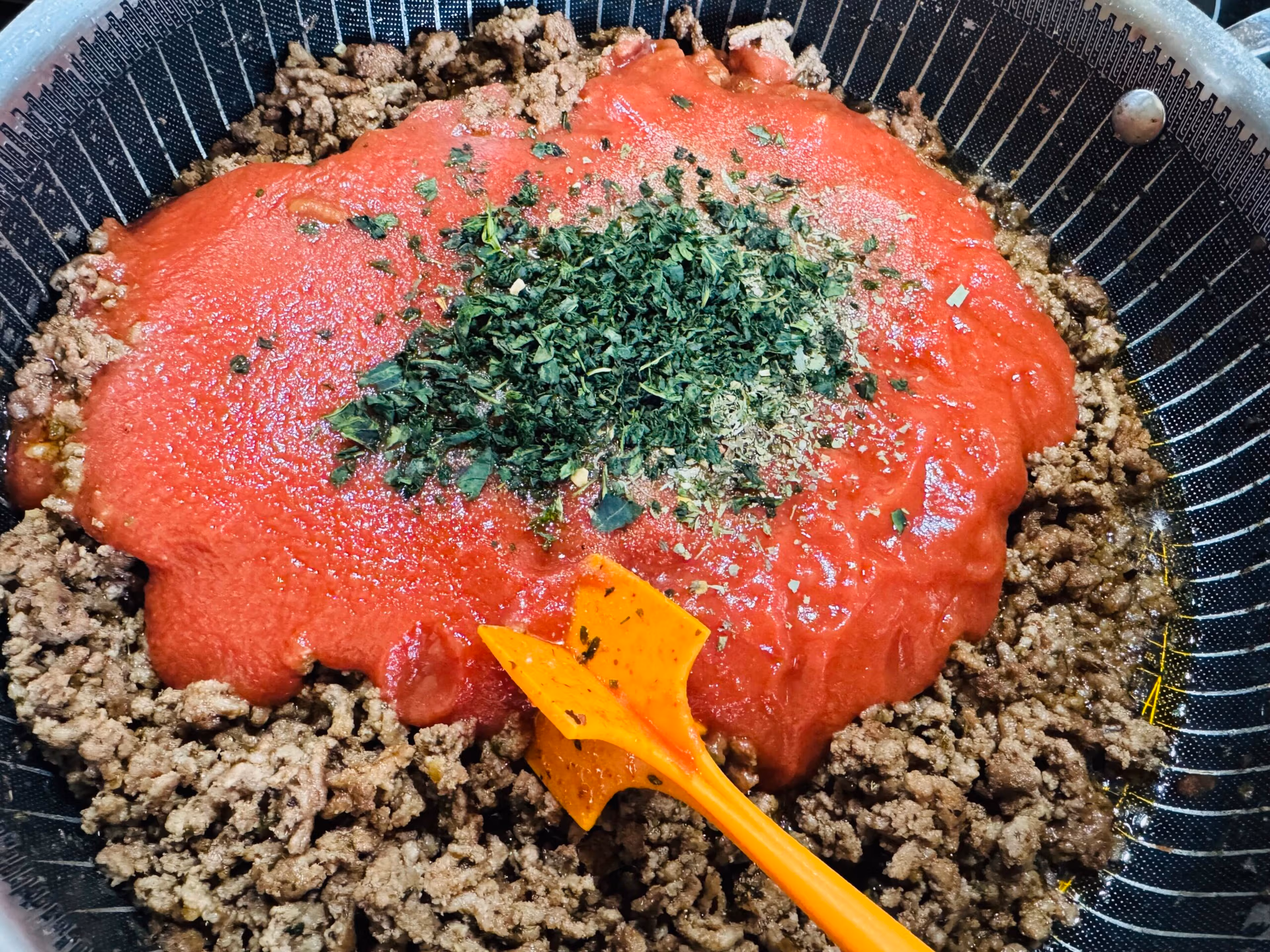 Cooked Ground beed with tomato sauce and herbs 