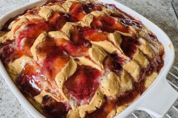 A baked peanut butter and jelly pancake with chevron designs