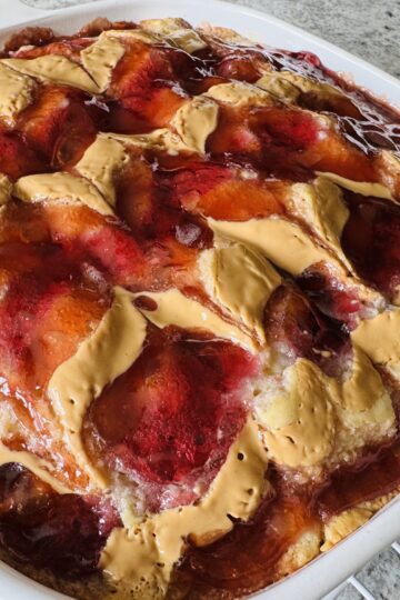 A baked peanut butter and jelly pancake with chevron designs