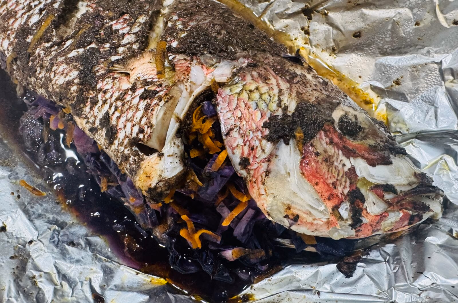 Foil-Baked Jamaican Jerk Red Snapper with Cabbage Stuffing