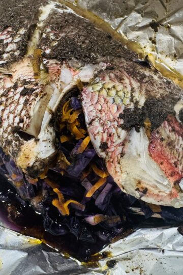 Oven Baked Jerked Red Snapper unwrapped from the foil