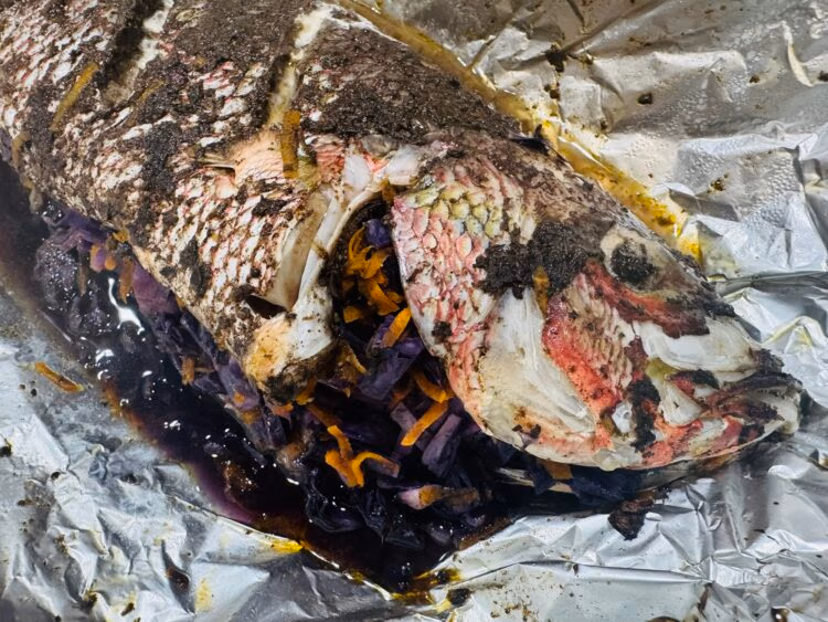 Oven Baked Jerked Red Snapper unwrapped from the foil