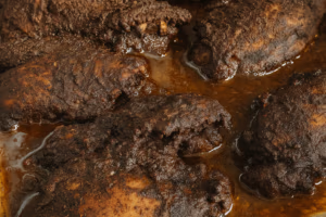 close up Oven baked jerk chicken showing spices and pan sauce