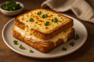 A white plate with a french style hot ham and cheese sandwich with behamel on top