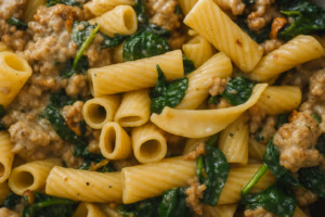 sundried tomato and goat cheese italian sausage rigatoni with spinach
