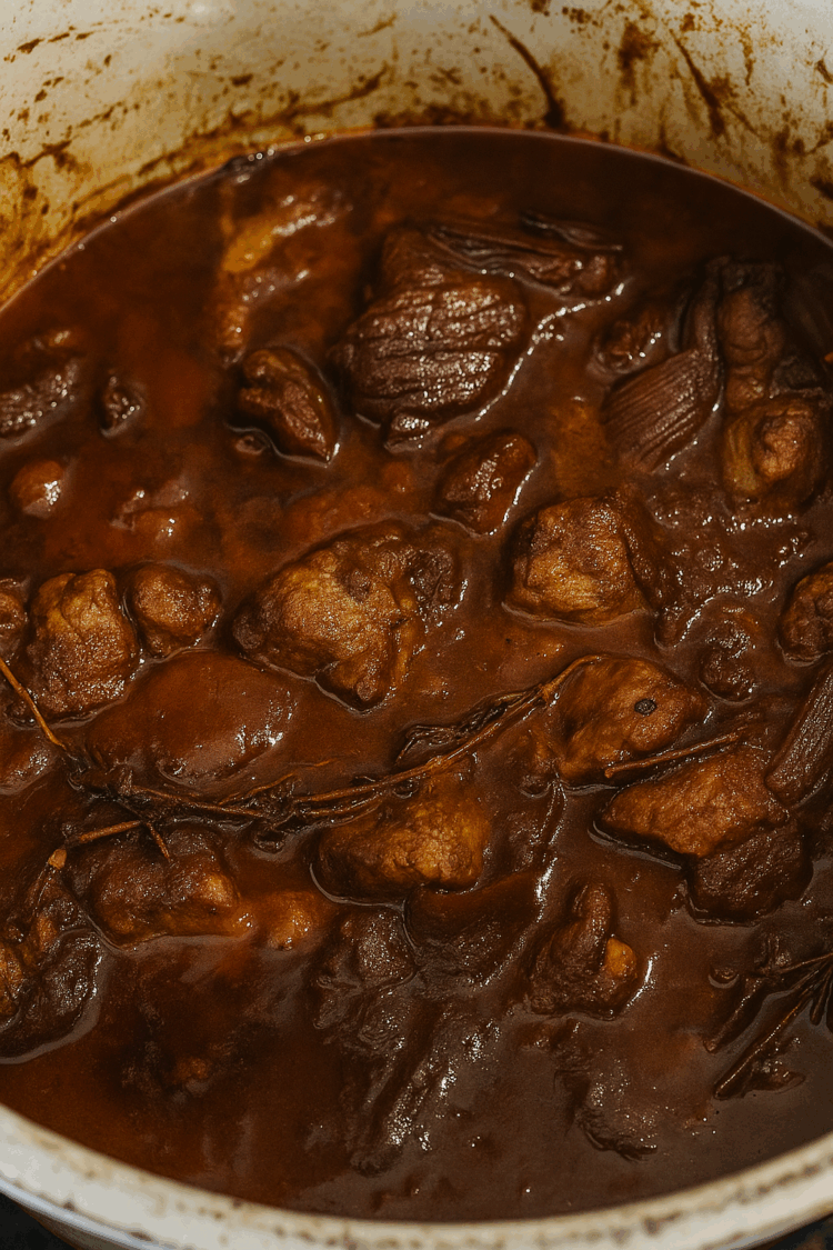 a closeup of greek lamb stifado, a stew of lamb chunks in a deep rich sauce