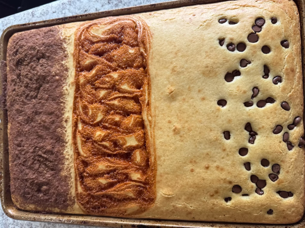 Pancake tray bake showing four flavor variations