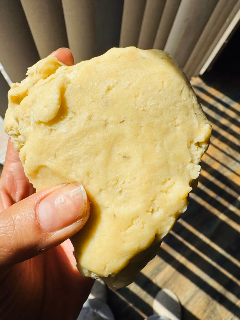 hand holding an odd shaped disc of homemade pie crust