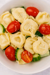 close up of tortellini pasta salad