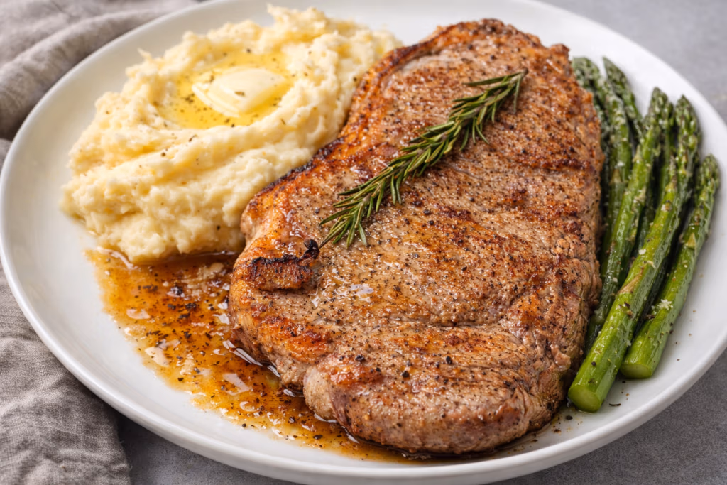 ribeye steaks seared in ghee with mashed potatoes on a white plate with asparagus