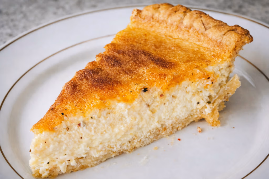 A slice of cheese quiche frocm my three cheese quiche recipe on a white plate with gold trim