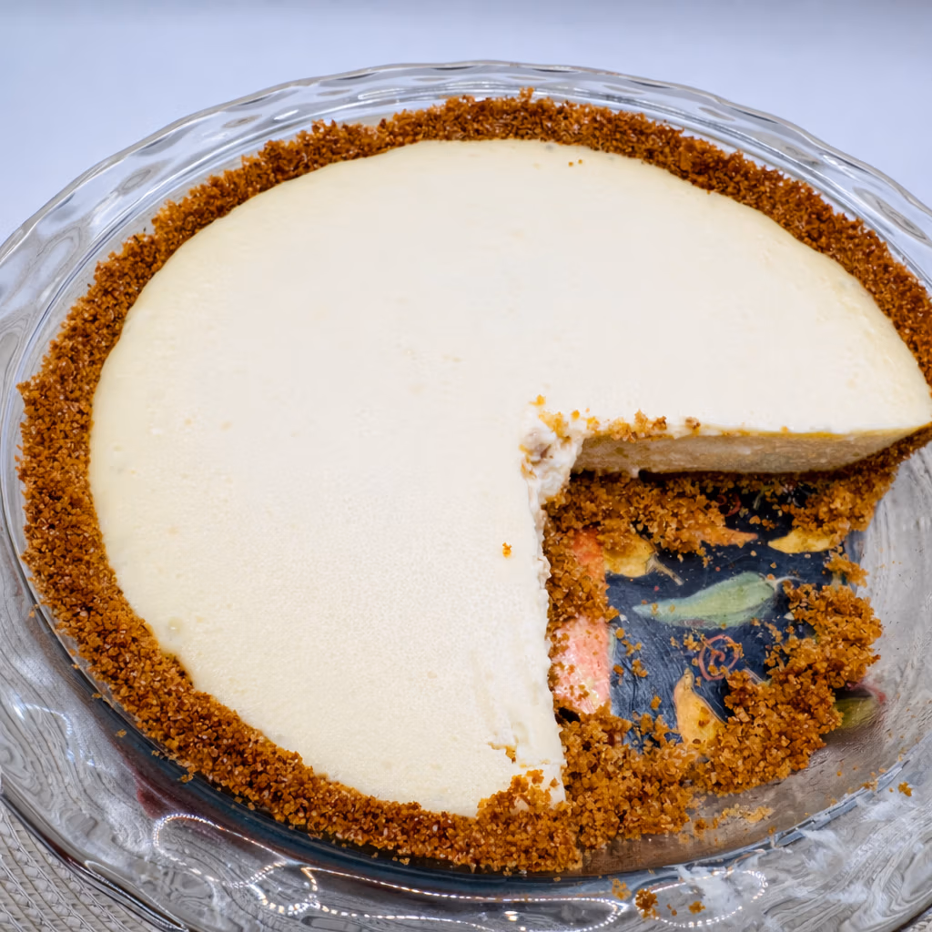 My Homemade cheesecake with a graham cracker crust in a clear glass pyrex pie dish