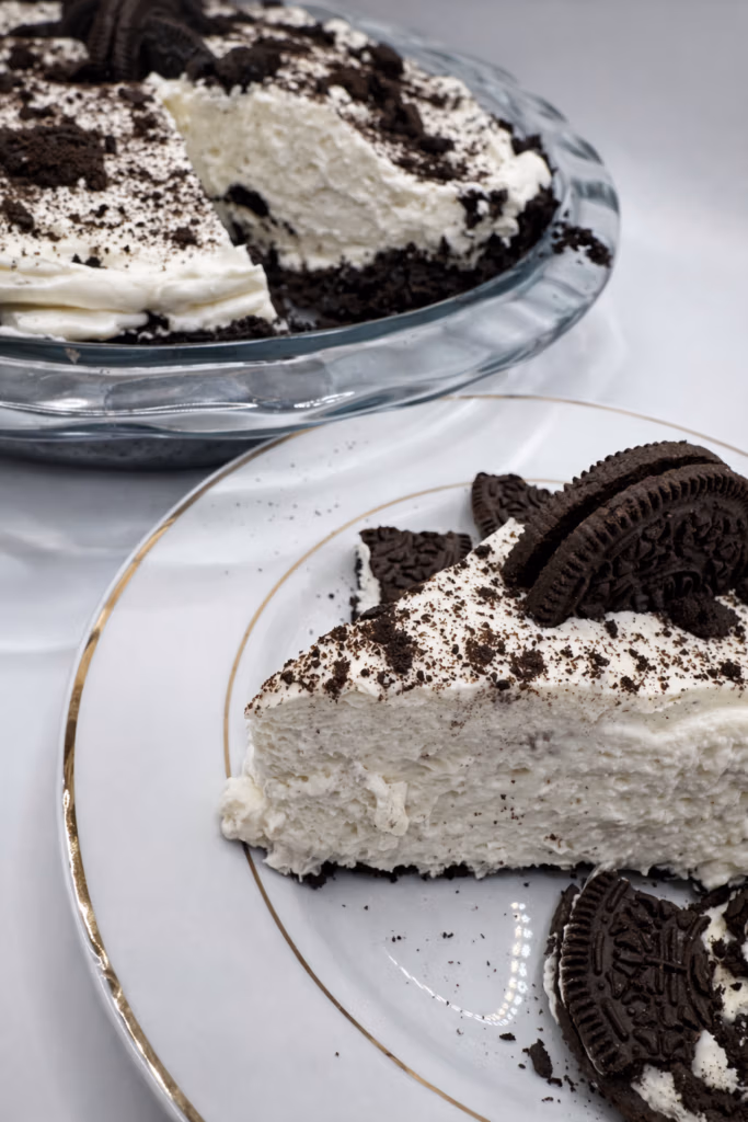 A slice of oreo cheesecake