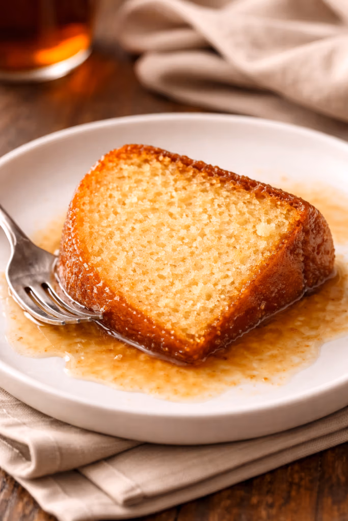 a slice of butter cake soaked in rum on a white plate